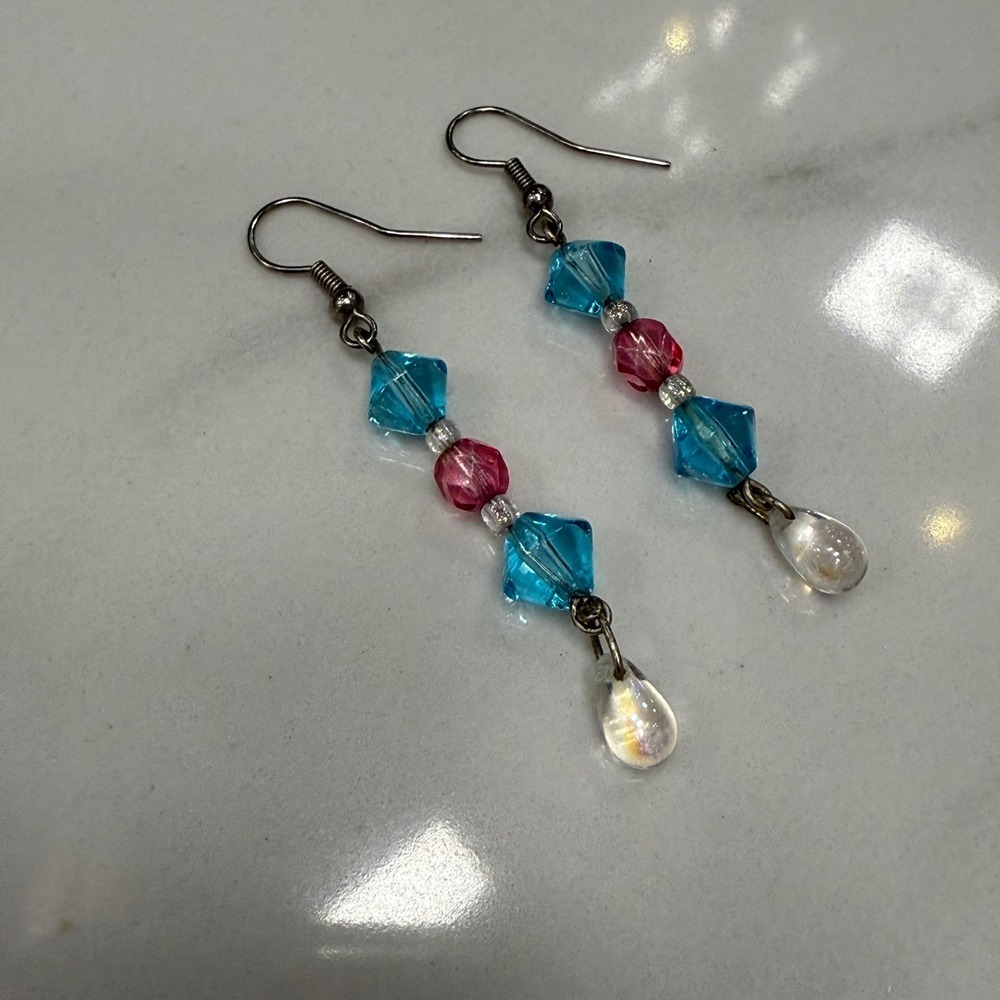 Dangle Drop Earrings Blue‎ Pink Crystal Beads Silver Tone Hook Women Jewelry